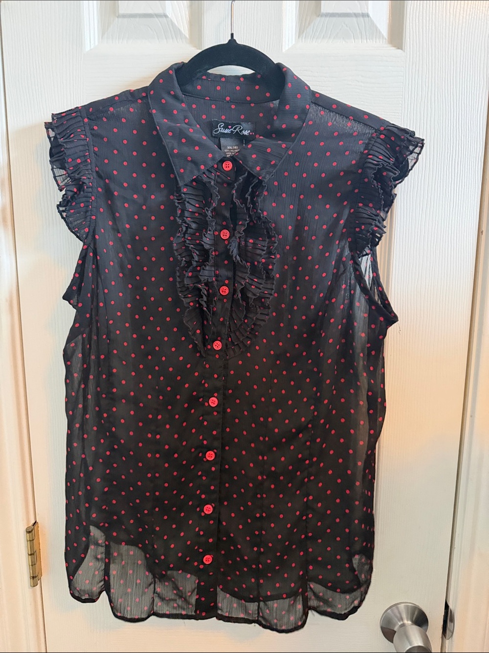 Black Sleeveless Ruffle Blouse with Red Polka Dots